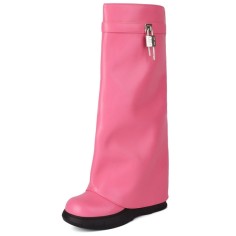 Round Toe Turned-over Edge Knee Highs Vegan Leather Platforms Wedges Boots - Pink