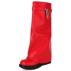 Round Toe Turned-over Edge Knee Highs Vegan Leather Platforms Wedges Boots - Red