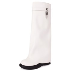 Round Toe Turned-over Edge Knee Highs Vegan Leather Platforms Wedges Boots - White