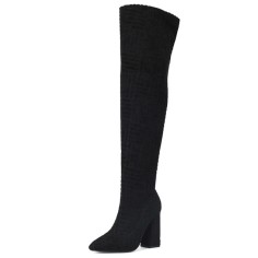 Pointed Toe Chunky Heels Over The Knees Flock Suede Booties - Black
