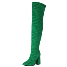 Pointed Toe Chunky Heels Over The Knees Flock Suede Booties - Green