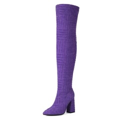Pointed Toe Chunky Heels Over The Knees Flock Suede Booties - Purple