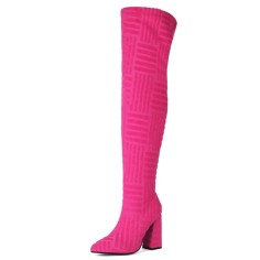Pointed Toe Chunky Heels Over The Knees Flock Suede Booties - Rose Red