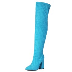 Pointed Toe Chunky Heels Over The Knees Flock Suede Booties - Sky Blue