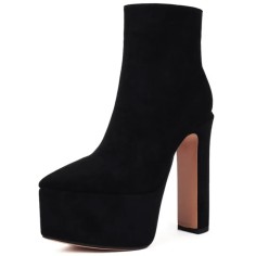 Pointed Toe Platforms Side Zipper Chunky Heels Ankle Highs Boots - Black