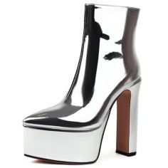Pointed Toe Platforms Side Zipper Chunky Heels Ankle Highs Boots - Silver