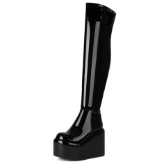 Round Toe Over The Knees Patent Platforms Wedges Booties - Black