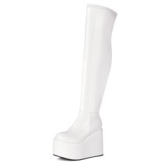 Round Toe Over The Knees Patent Platforms Wedges Booties - White