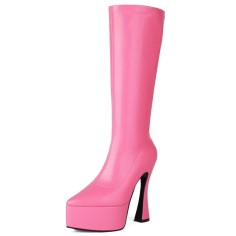 Pointed Toe Thin Chunky Heels Ankle Highs Vegan Leather Platforms Booties - Pink