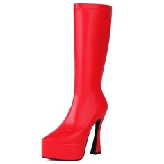 Pointed Toe Thin Chunky Heels Ankle Highs Vegan Leather Platforms Booties - Red