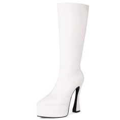 Round Toe Thin Chunky Heels Ankle Highs Vegan Leather Platforms Booties - White