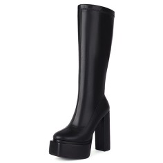 Round Toe Block Chunky Heels Knee Highs Vegan Leather Platforms Booties - Black