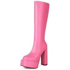 Round Toe Block Chunky Heels Knee Highs Vegan Leather Platforms Booties - Pink