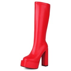 Round Toe Block Chunky Heels Knee Highs Vegan Leather Platforms Booties - Red