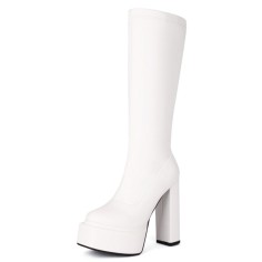 Round Toe Block Chunky Heels Knee Highs Vegan Leather Platforms Booties - White