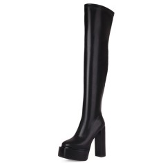 Round Toe Block Chunky Heels Over The Knees Vegan Leather Platforms Booties - Black