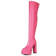 Round Toe Block Chunky Heels Over The Knees Vegan Leather Platforms Booties - Pink