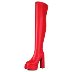 Round Toe Block Chunky Heels Over The Knees Vegan Leather Platforms Booties - Red