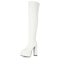 Round Toe Block Chunky Heels Over The Knees Vegan Leather Platforms Booties - White