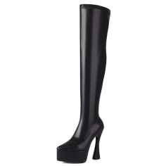 Pointed Toe Thin Chunky Heels Over The Knees Vegan Leather Platforms Booties - Black