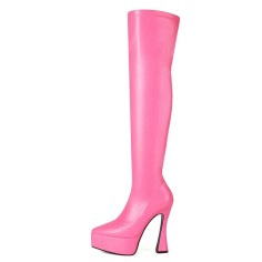 Pointed Toe Thin Chunky Heels Over The Knees Vegan Leather Platforms Booties - Pink