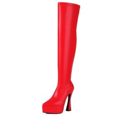Pointed Toe Thin Chunky Heels Over The Knees Vegan Leather Platforms Booties - Red