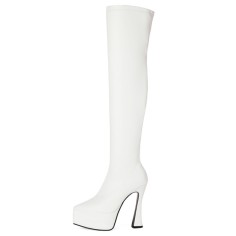 Pointed Toe Thin Chunky Heels Over The Knees Vegan Leather Platforms Booties - White