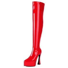 Pointed Toe Thin Chunky Heels Over The Knees Patent Platforms Booties - Red