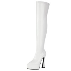 Pointed Toe Thin Chunky Heels Over The Knees Patent Platforms Booties - White