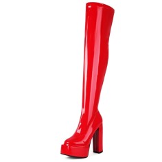 Round Toe Block Chunky Heels Over The Knees Patent Platforms Booties - Red