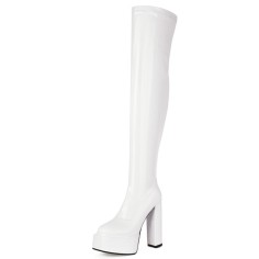 Round Toe Block Chunky Heels Over The Knees Patent Platforms Booties - White