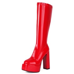 Round Toe Block Chunky Heels Knee Highs Patent Platforms Booties - Red