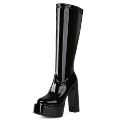 Round Toe Block Chunky Heels Knee Highs Patent Platforms Booties - Black