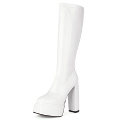 Round Toe Block Chunky Heels Knee Highs Patent Platforms Booties - White