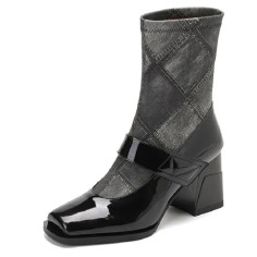 Square Toe Chunky Heels Elastic Fiber Mid Calf Ankle High Boots - Black