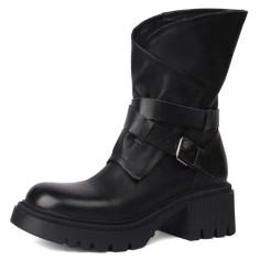 Round Toe Chunky Heels Buckle Straps Zipper Motorcycle Ankle High Boots - Black