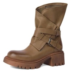 Round Toe Chunky Heels Buckle Straps Zipper Motorcycle Ankle High Boots - Khaki