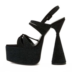 Pointed Open Toe Cone Elegant Heels Ankle Slingback Straps Platforms Glitters Sandals - Black Microfiber