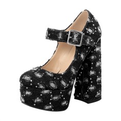 Round Toe Chunky Heels Mary Janes Platforms Punk Pumps - Black