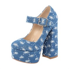 Round Toe Chunky Heels Mary Janes Platforms Punk Pumps - Blue