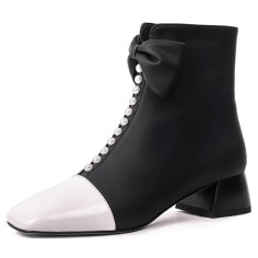 Square Toe Chunky Heels Shiny Pearls Side Zipper Ankle High Boots - Black