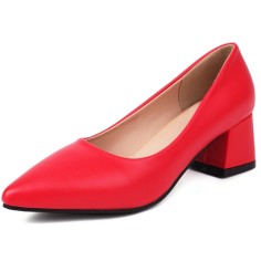 Pointed Toe Chunky Heels Vintage Style Matte Pumps - Red