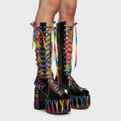 Round Toe Chunky Heels Platform Sweet Lace Up Rainbow Knee Highs Summer Boots - Black
