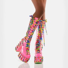 Round Toe Chunky Heels Platform Sweet Lace Up Rainbow Knee Highs Summer Boots - Pink