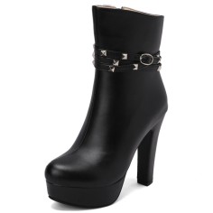 Round Toe Cuban Chunky Heels Platforms Ankle High Rivet Buckle Straps Autumn Boots - Black