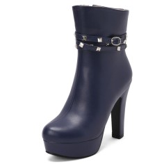 Round Toe Cuban Chunky Heels Platforms Ankle High Rivet Buckle Straps Autumn Boots - Blue