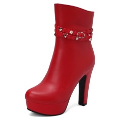 Round Toe Cuban Chunky Heels Platforms Ankle High Rivet Buckle Straps Autumn Boots - Red