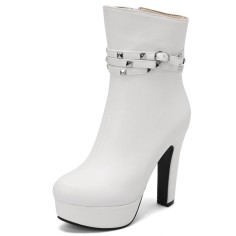 Round Toe Cuban Chunky Heels Platforms Ankle High Rivet Buckle Straps Autumn Boots - White