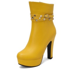 Round Toe Cuban Chunky Heels Platforms Ankle High Rivet Buckle Straps Autumn Boots - Yellow