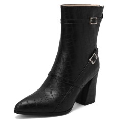 Pointed Toe Chunky Heels Buckle Straps Decorated Crocodile Print Ankle Highs Western Boots - Black